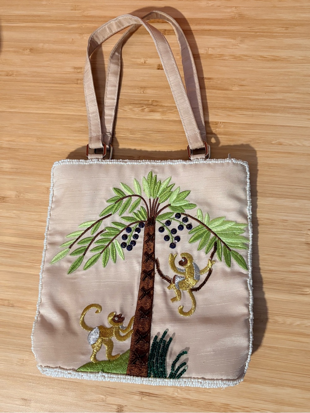 Embroidered Beaded Palm Tree & Monkey Mini Tote Bag Purse Beige Green Brown